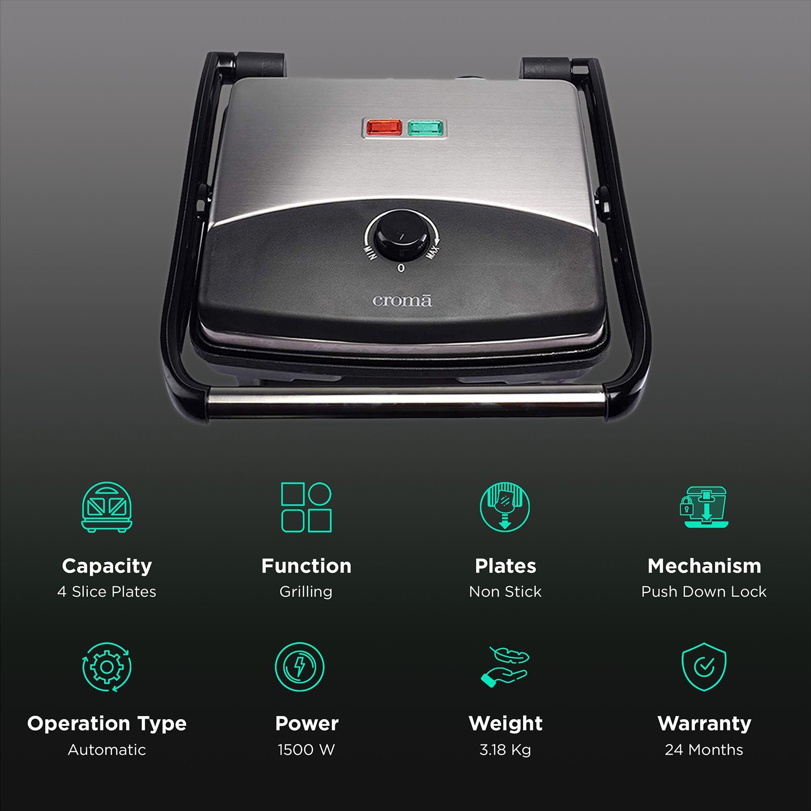 Croma 1500W 4 Slice 3-in-1 Sandwich Maker with Automatic Operation (Black)_3