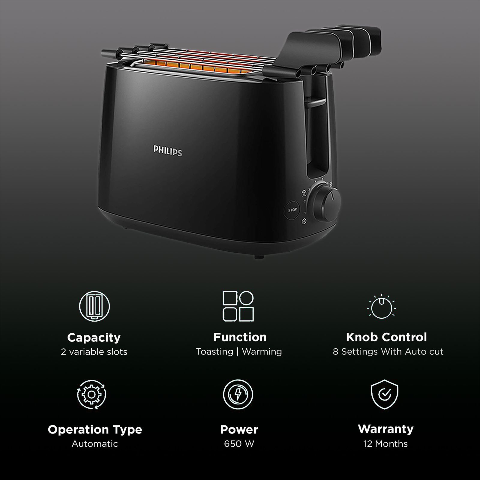 PHILIPS Daily Collection 650W 2 Slice Pop-Up Toaster with Integrated Bun Rack (Black) PHILIPS Daily Collection 650W 2 Slice Pop-Up Toaster with Integrated Bun Rack (Black)_3