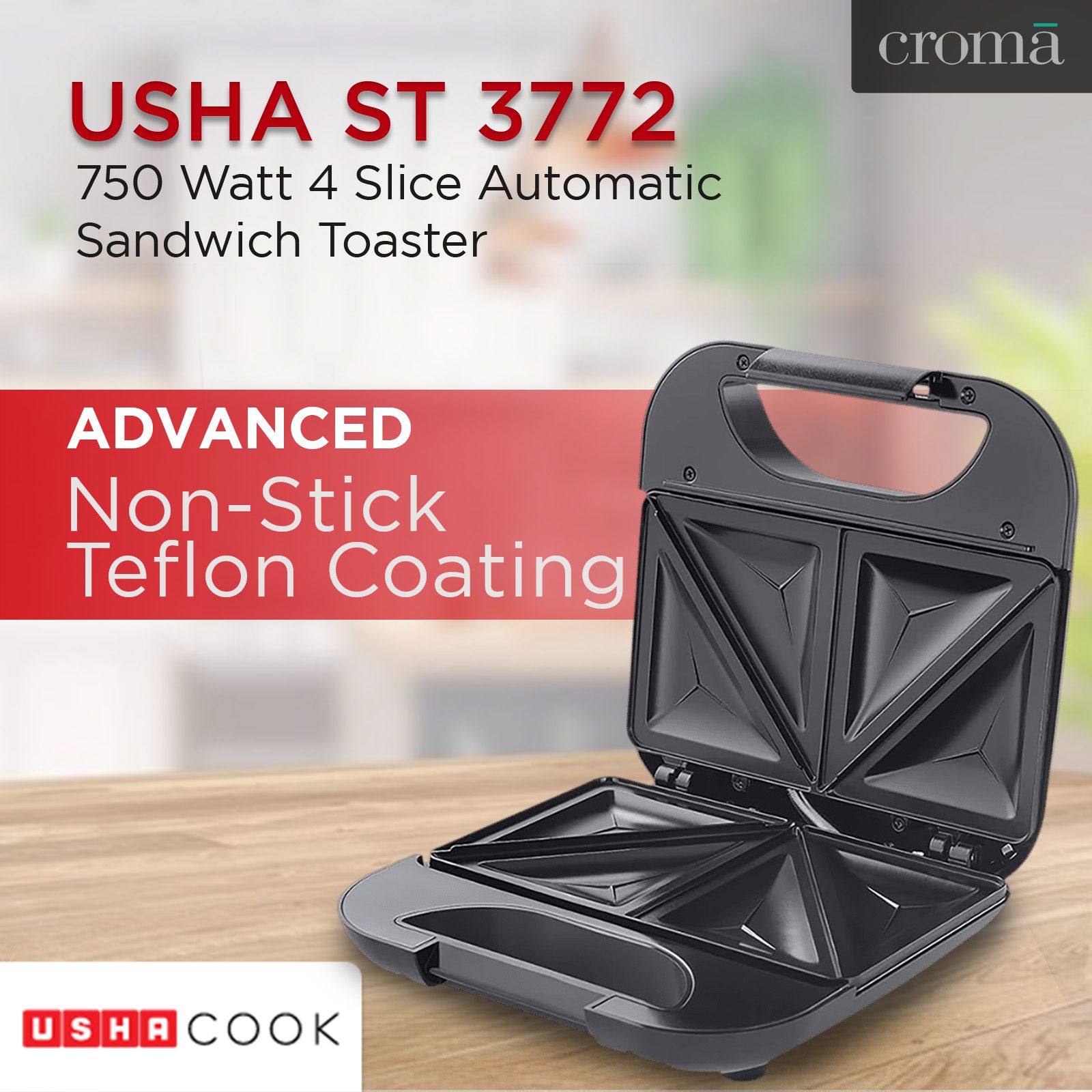 USHA ST 3772 750 Watt 4 Slice Automatic Sandwich Toaster (Non-stick Teflon Coating Plates, Black)_11