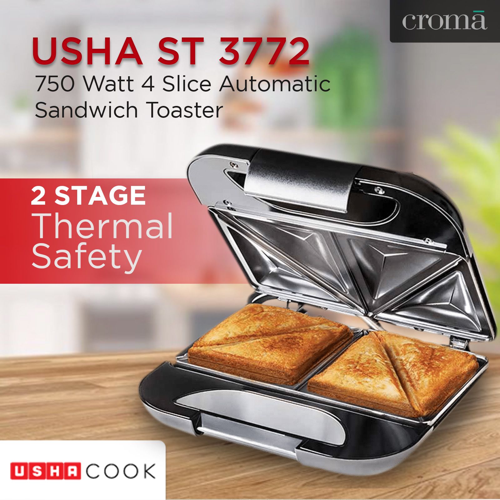 USHA ST 3772 750 Watt 4 Slice Automatic Sandwich Toaster (Non-stick Teflon Coating Plates, Black)_12