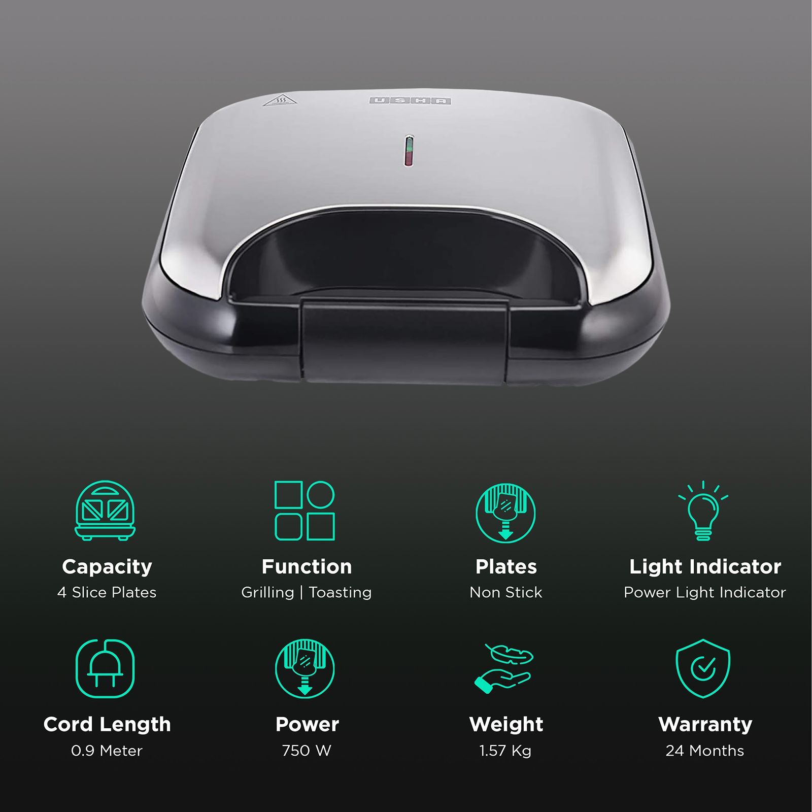 USHA ST 3772 750 Watt 4 Slice Automatic Sandwich Toaster (Non-stick Teflon Coating Plates, Black)_3