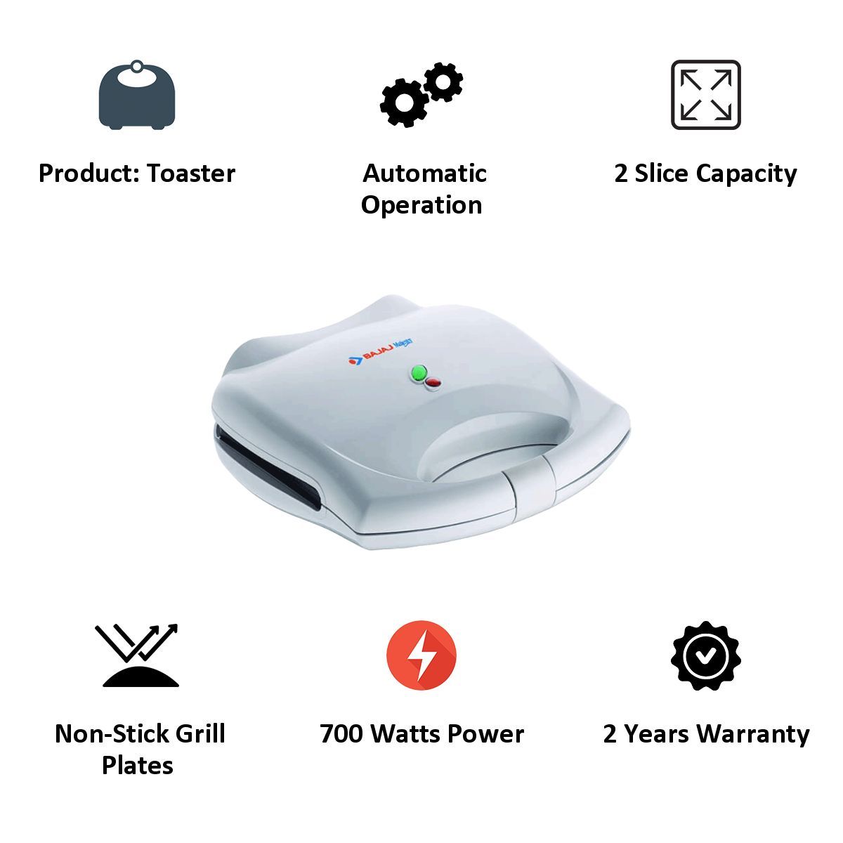 Bajaj Majesty New 700 Watt 2 Slice Grill & Toaster Sandwich Maker (SWX 4, White) Bajaj Majesty New 700 Watt 2 Slice Grill & Toaster Sandwich Maker (SWX 4, White)_4