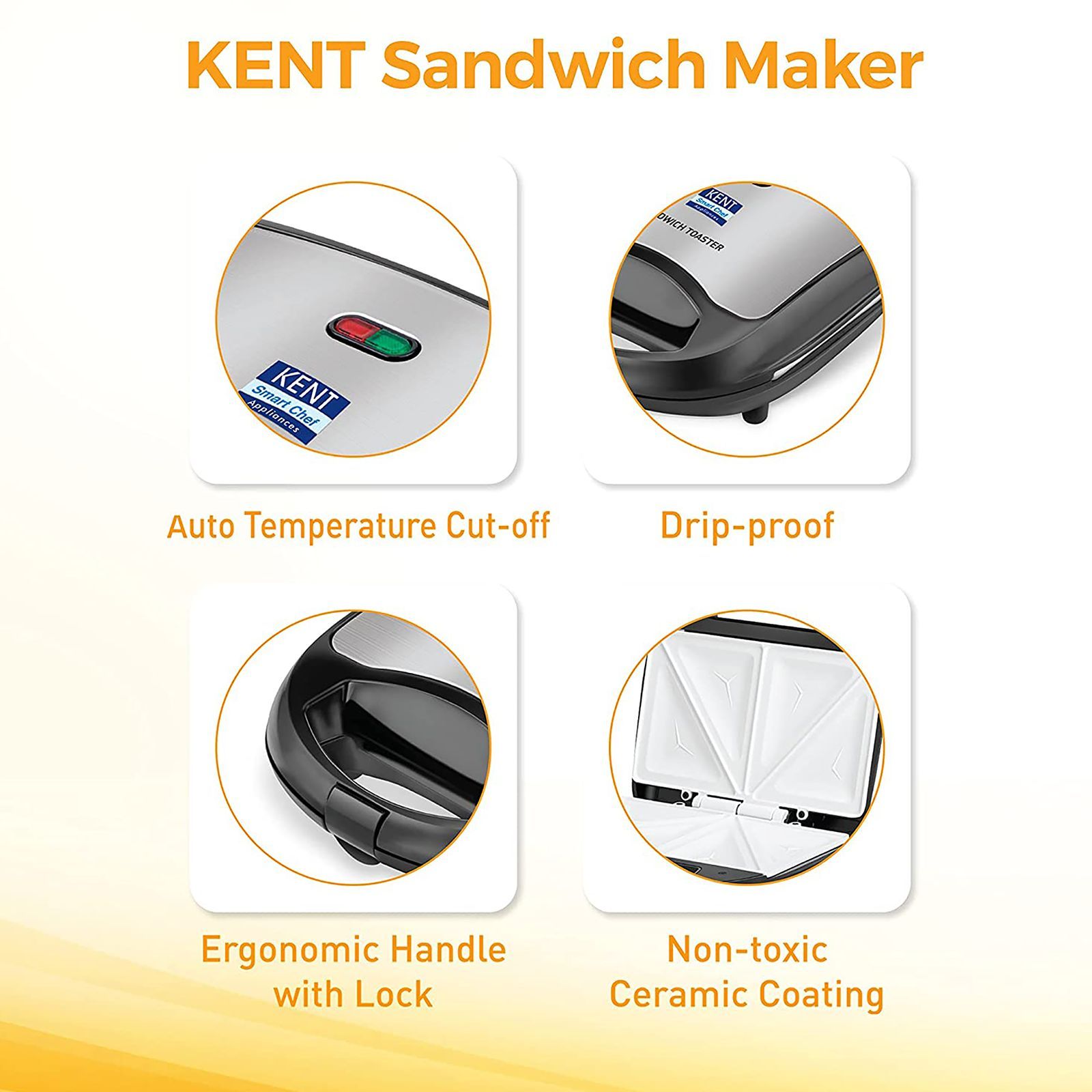 KENT 700W 4 Slice Sandwich Maker with Automatic Temperature Cut Off (Black & Metallic Silver)_7