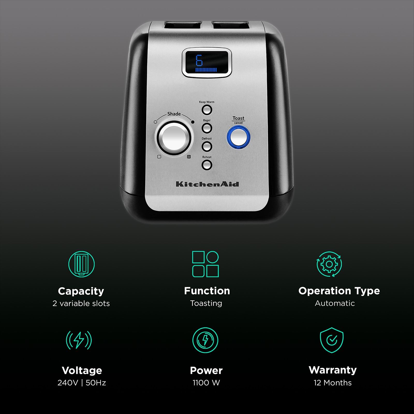 KitchenAid 1100W 2 Slice Pop-Up Toaster with Auto Shut Off Function (Onyx Black)_3