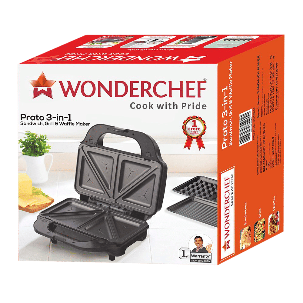 WONDERCHEF Prato 830W 4 Slice 3-in-1 Sandwich Maker with Cool Touch Handle (Black) WONDERCHEF Prato 830W 4 Slice 3-in-1 Sandwich Maker with Cool Touch Handle (Black)_5