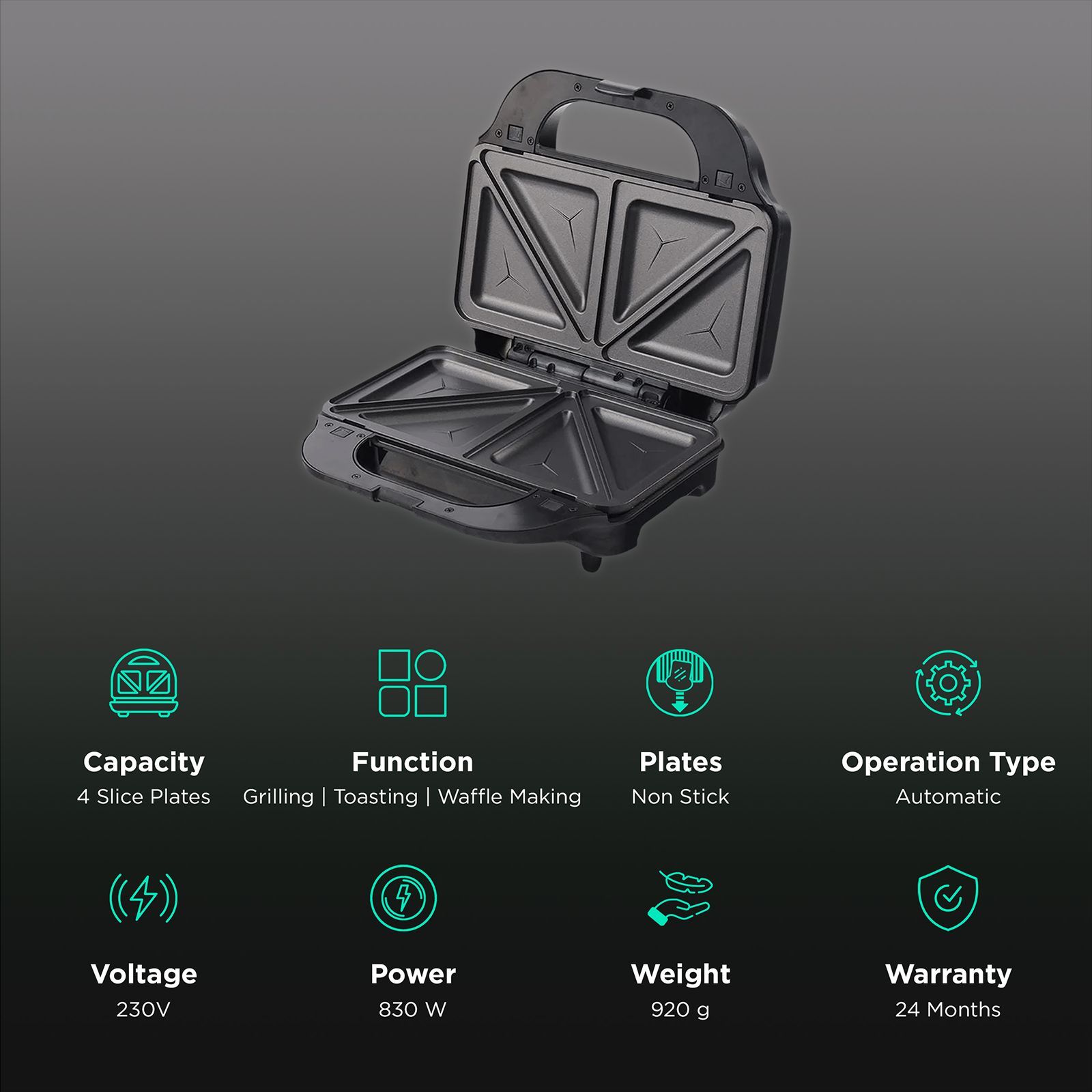 WONDERCHEF Prato 830W 4 Slice 3-in-1 Sandwich Maker with Cool Touch Handle (Black) WONDERCHEF Prato 830W 4 Slice 3-in-1 Sandwich Maker with Cool Touch Handle (Black)_3