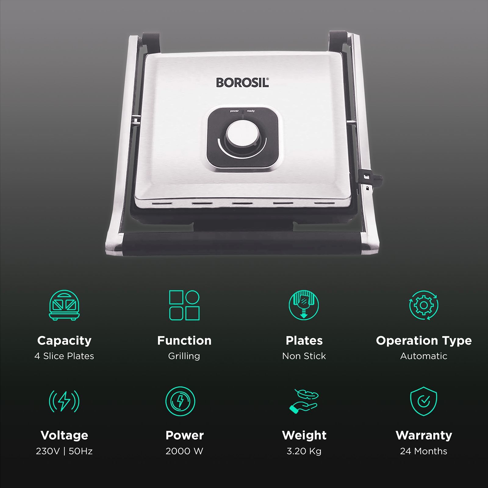 BOROSIL SuperJumbo 2000W 4 Slice Sandwich Maker with Oil Drip Collector Tray (Silver)_3