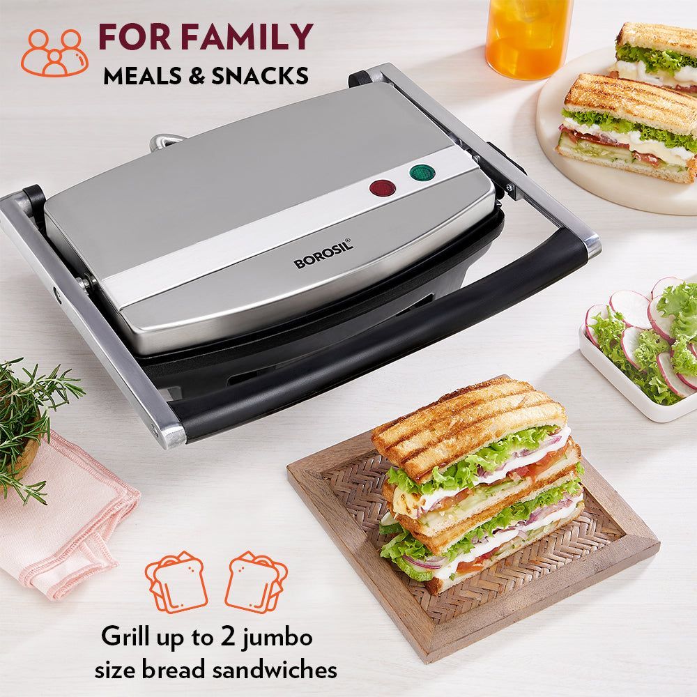 BOROSIL Jumbo 1000W 2 Slice Sandwich Maker with Lid Lock (Silver)_7