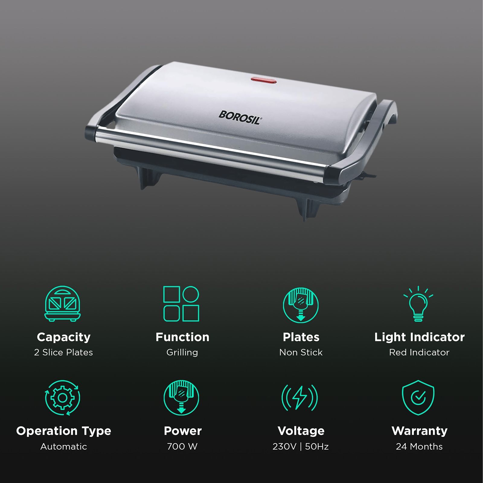 BOROSIL Prime 700 Watts 2 Slice Grill Sandwich Maker with Automatic Temperature Control (Silver)_3