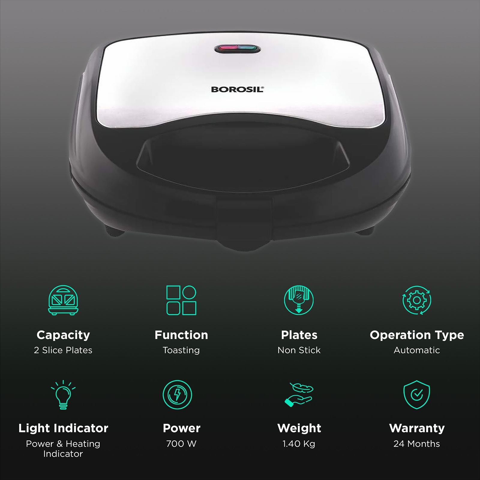 BOROSIL Neo 700W 2 Slice Sandwich Maker with Automatic Temperature Control (Black) BOROSIL Neo 700W 2 Slice Sandwich Maker with Automatic Temperature Control (Black)_3