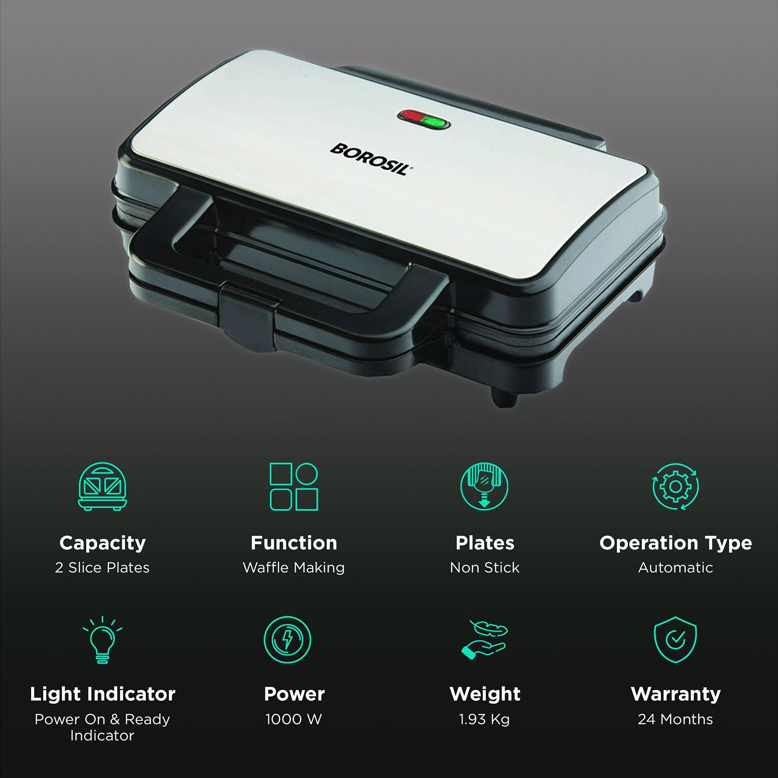 BOROSIL Neo 1000W 2 Slice Waffle Maker with Automatic Temperature Control (Silver) BOROSIL Neo 1000W 2 Slice Waffle Maker with Automatic Temperature Control (Silver)_3