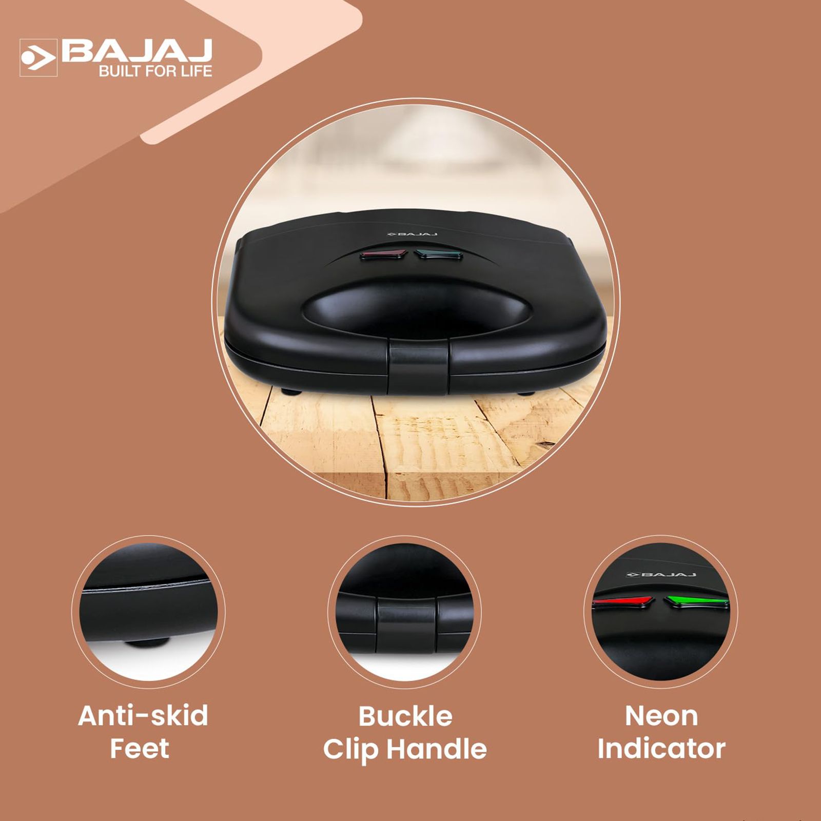 BAJAJ SWX 3 Deluxe 800W 2 Slice Sandwich Maker with LED Neon Indicator (Black) BAJAJ SWX 3 Deluxe 800W 2 Slice Sandwich Maker with LED Neon Indicator (Black)_13