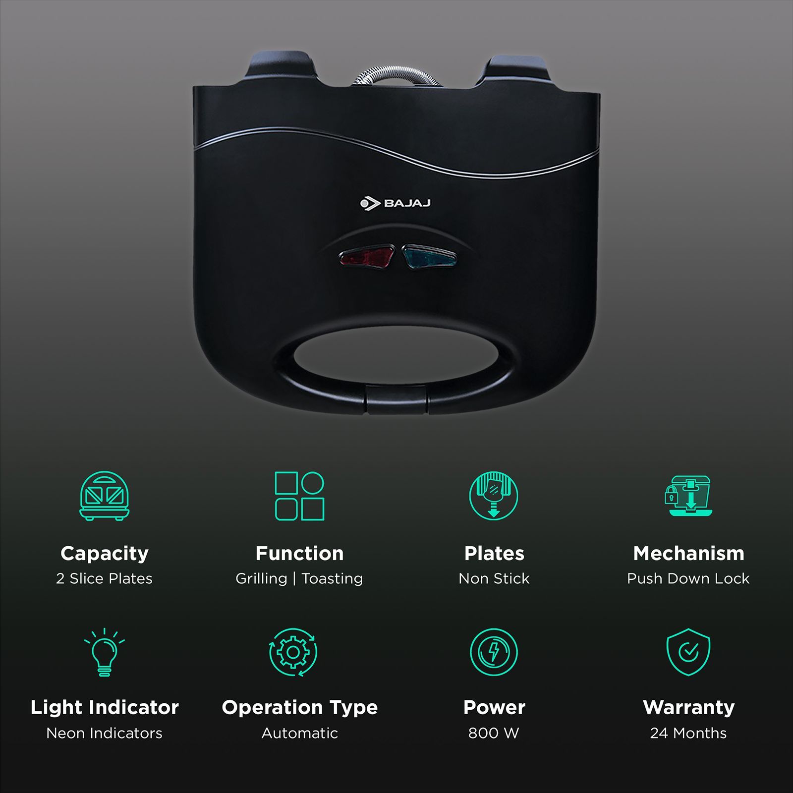BAJAJ SWX 3 Deluxe 800W 2 Slice Sandwich Maker with LED Neon Indicator (Black) BAJAJ SWX 3 Deluxe 800W 2 Slice Sandwich Maker with LED Neon Indicator (Black)_3
