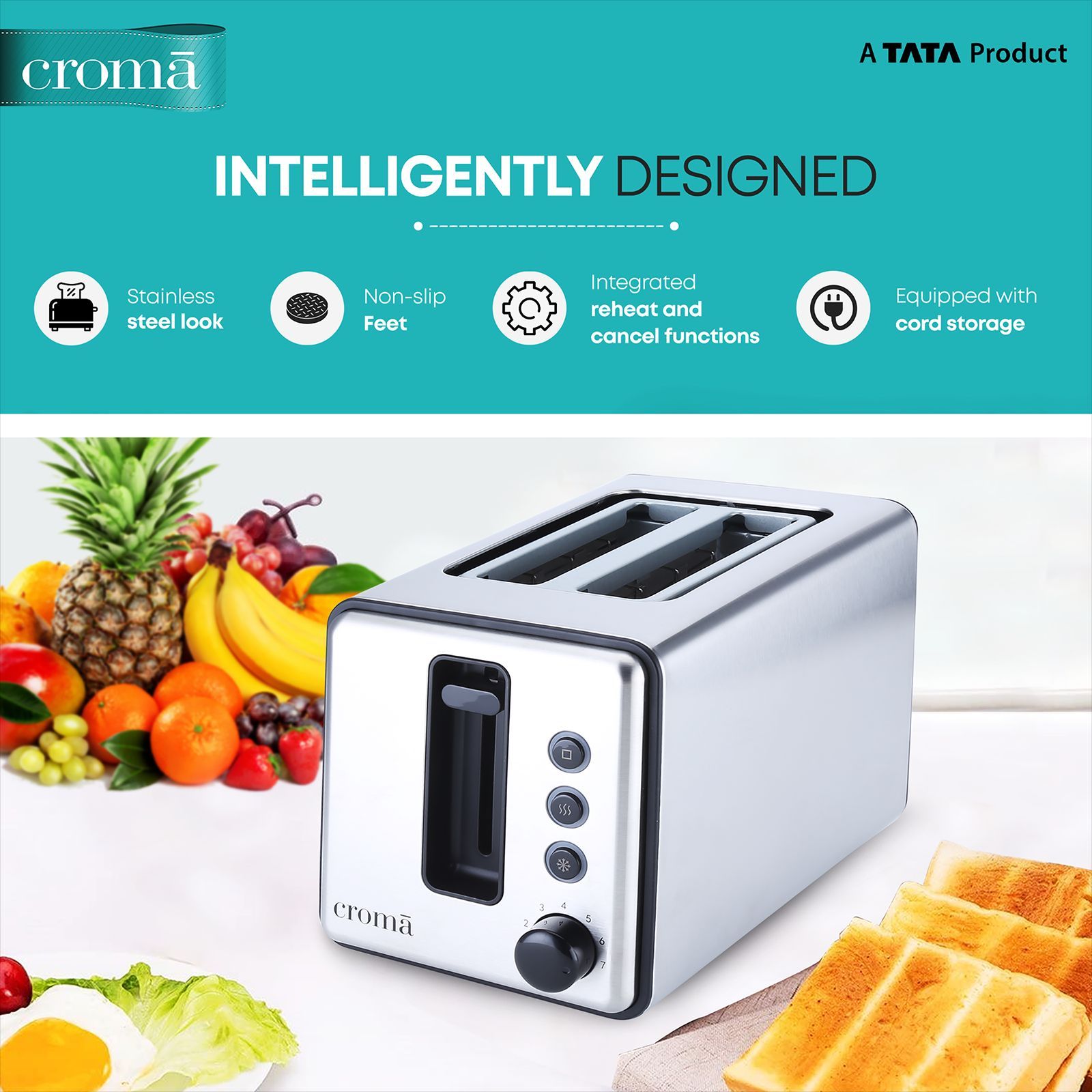 Croma 750W 2 Slice Pop-Up Toaster with Reheat Function (Silver)_7