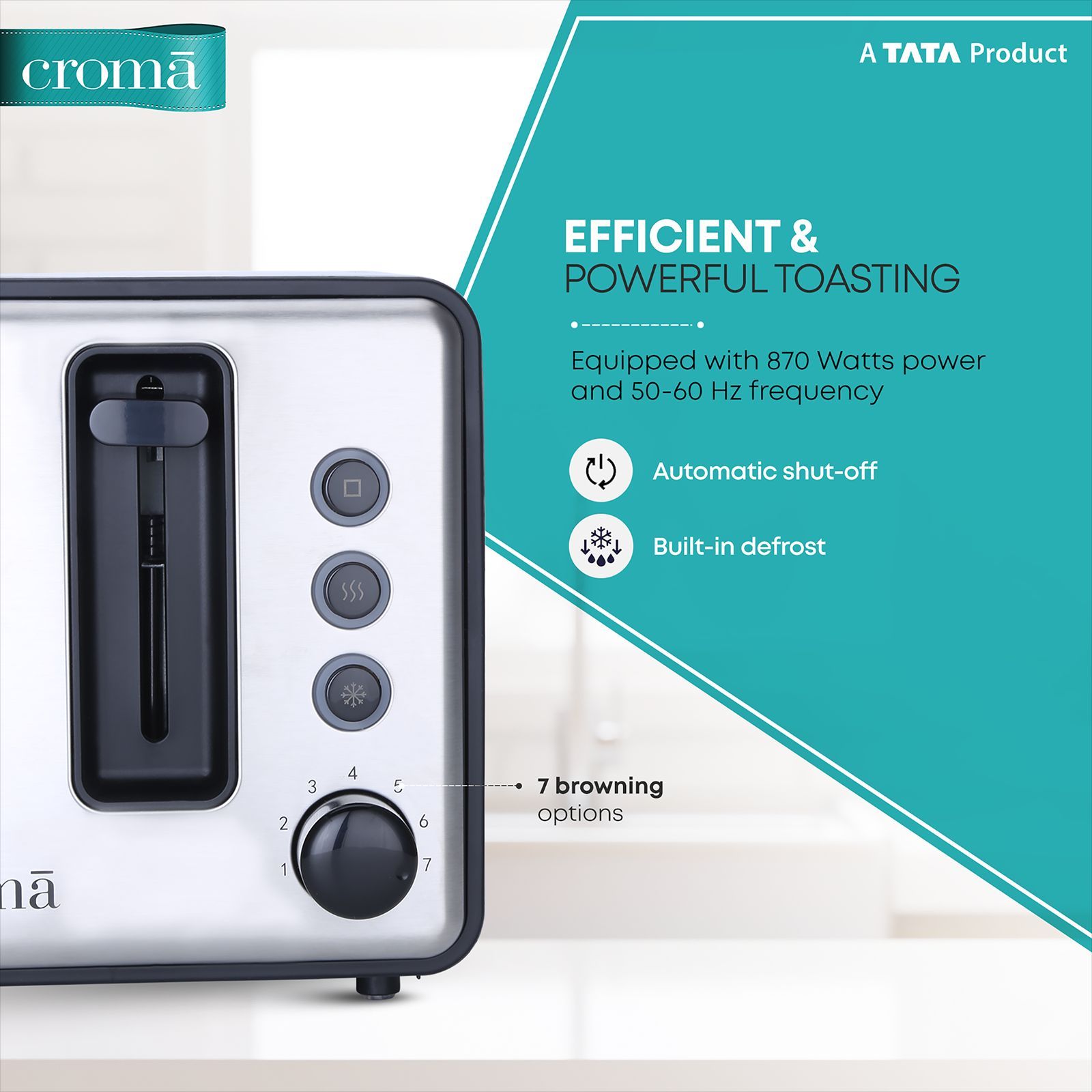 Croma 750W 2 Slice Pop-Up Toaster with Reheat Function (Silver)_8