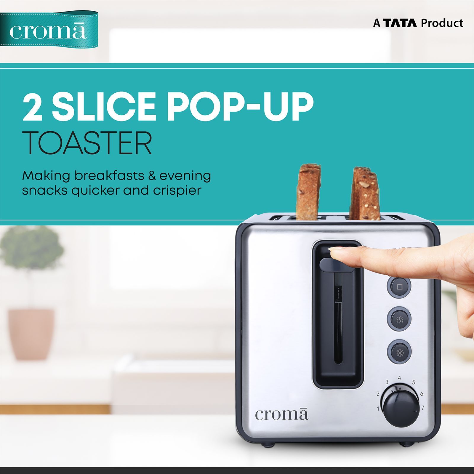 Croma 750W 2 Slice Pop-Up Toaster with Reheat Function (Silver)_9