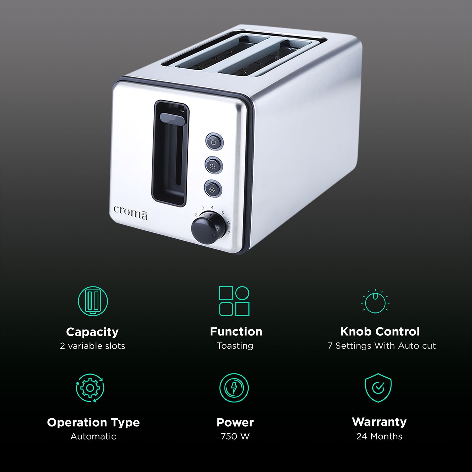 Croma 750W 2 Slice Pop-Up Toaster with Reheat Function (Silver)_3