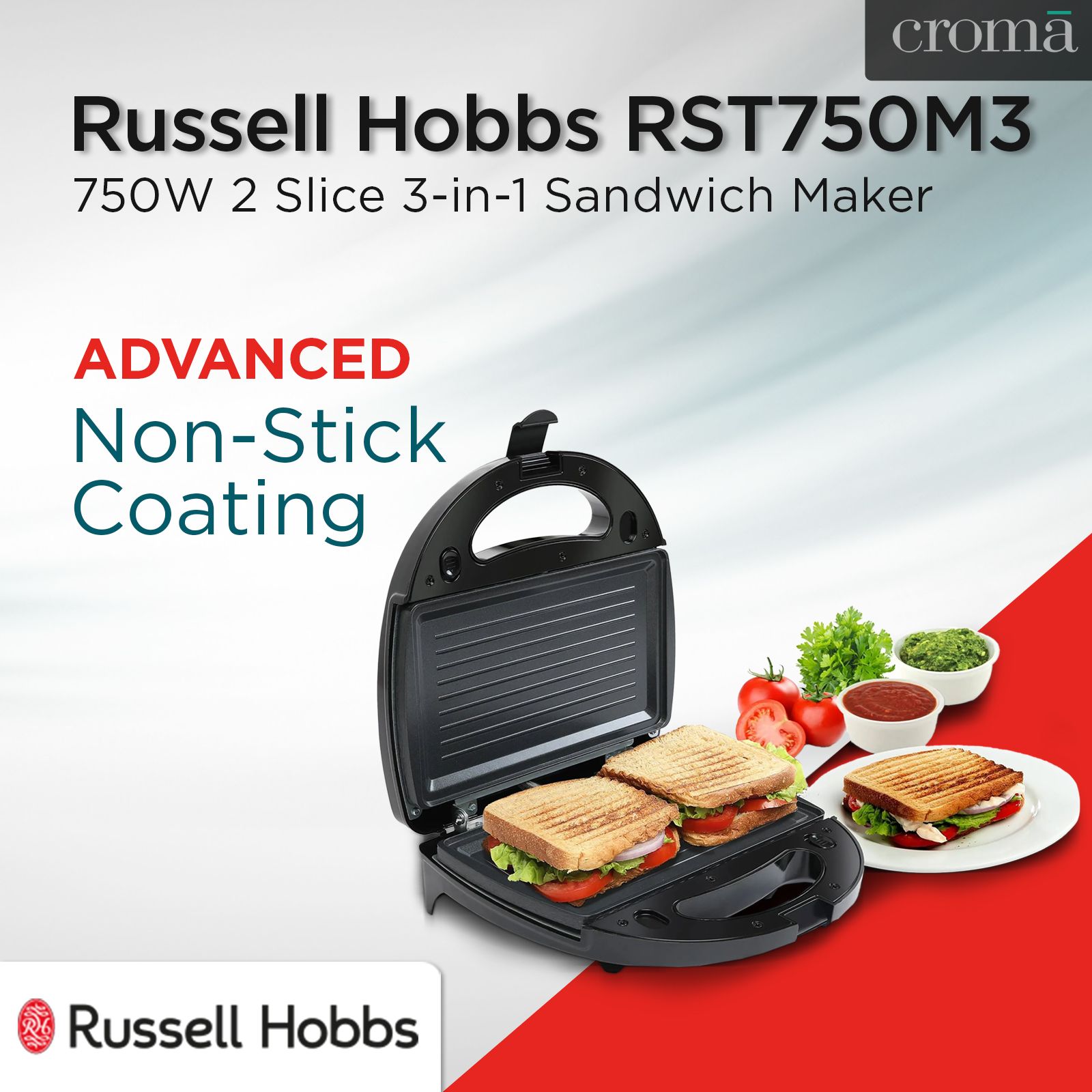 Russell Hobbs RST750M3 750W 2 Slice 3-in-1 Sandwich Maker with Detachable Multi-Plate (Black & Silver)_14