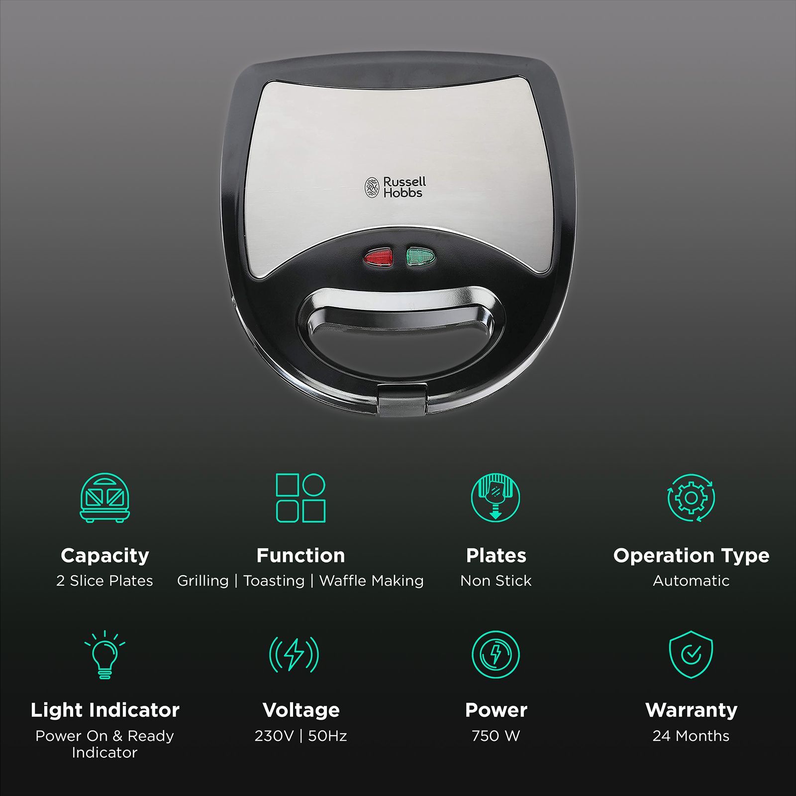 Russell Hobbs RST750M3 750W 2 Slice 3-in-1 Sandwich Maker with Detachable Multi-Plate (Black & Silver)_3