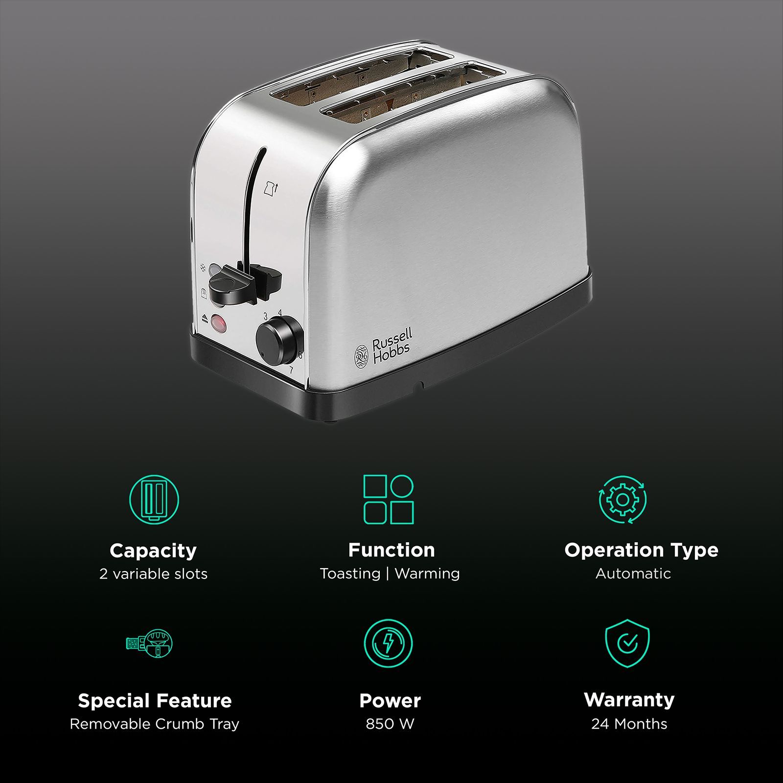 Russell Hobbs Futura 850W 2 Slice Pop-Up Toaster with Removable Crumb Tray (Silver) Russell Hobbs Futura 850W 2 Slice Pop-Up Toaster with Removable Crumb Tray (Silver)_3