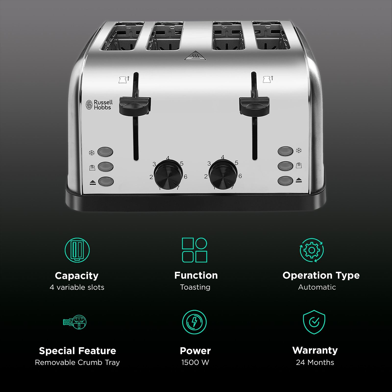 Russell Hobbs 1500W 4 Slice Pop-Up Toaster with Dual Browning Control (Silver) Russell Hobbs 1500W 4 Slice Pop-Up Toaster with Dual Browning Control (Silver)_3