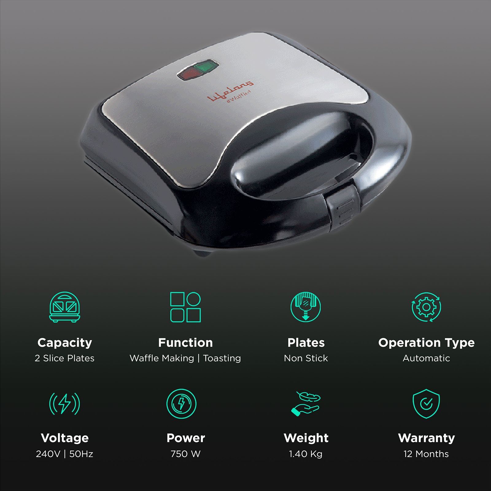 Lifelong LLWM105 750W 2 Slice Waffle Maker with Automatic Temperature Control (Black)_3