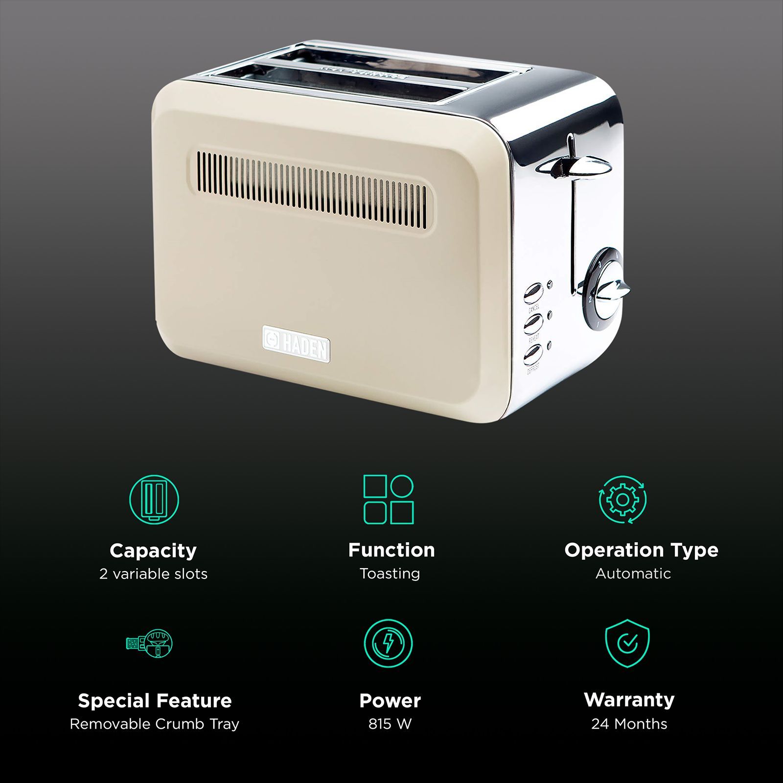 sabichi Haden Boston 815W 2 Slice Pop-Up Toaster with Chrome Base (Cream)_3