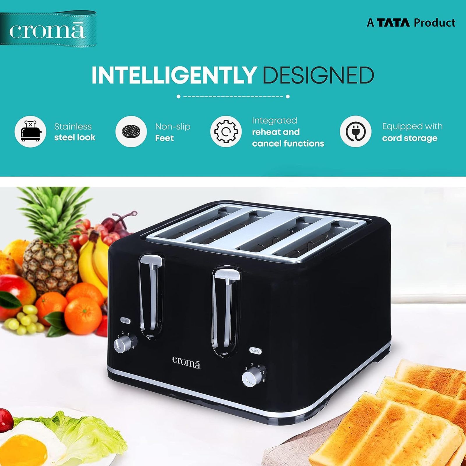 Croma 1740W 4 Slice Pop-Up Toaster with Removable Crumb Tray (Black)_7