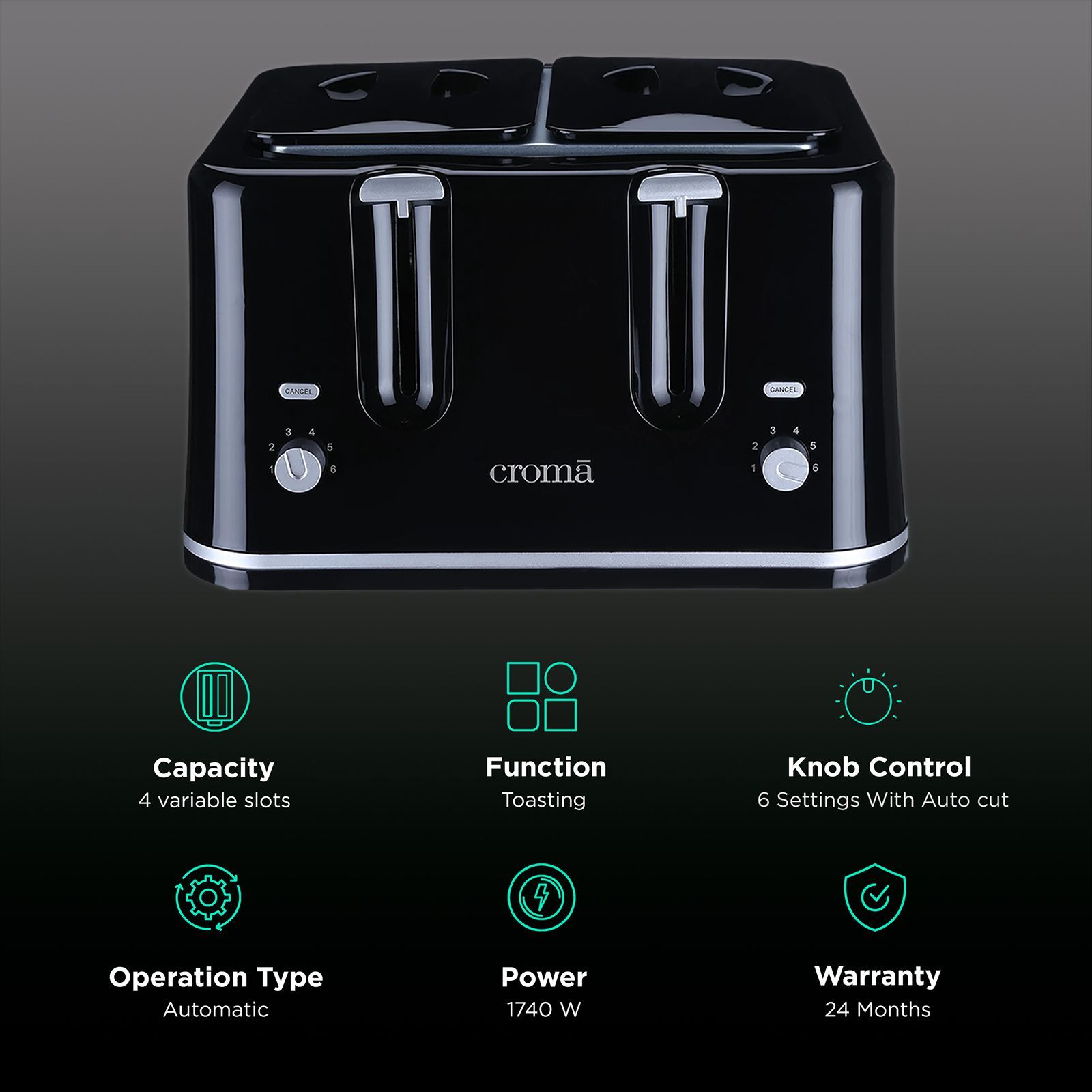 Croma 1740W 4 Slice Pop-Up Toaster with Removable Crumb Tray (Black)_3