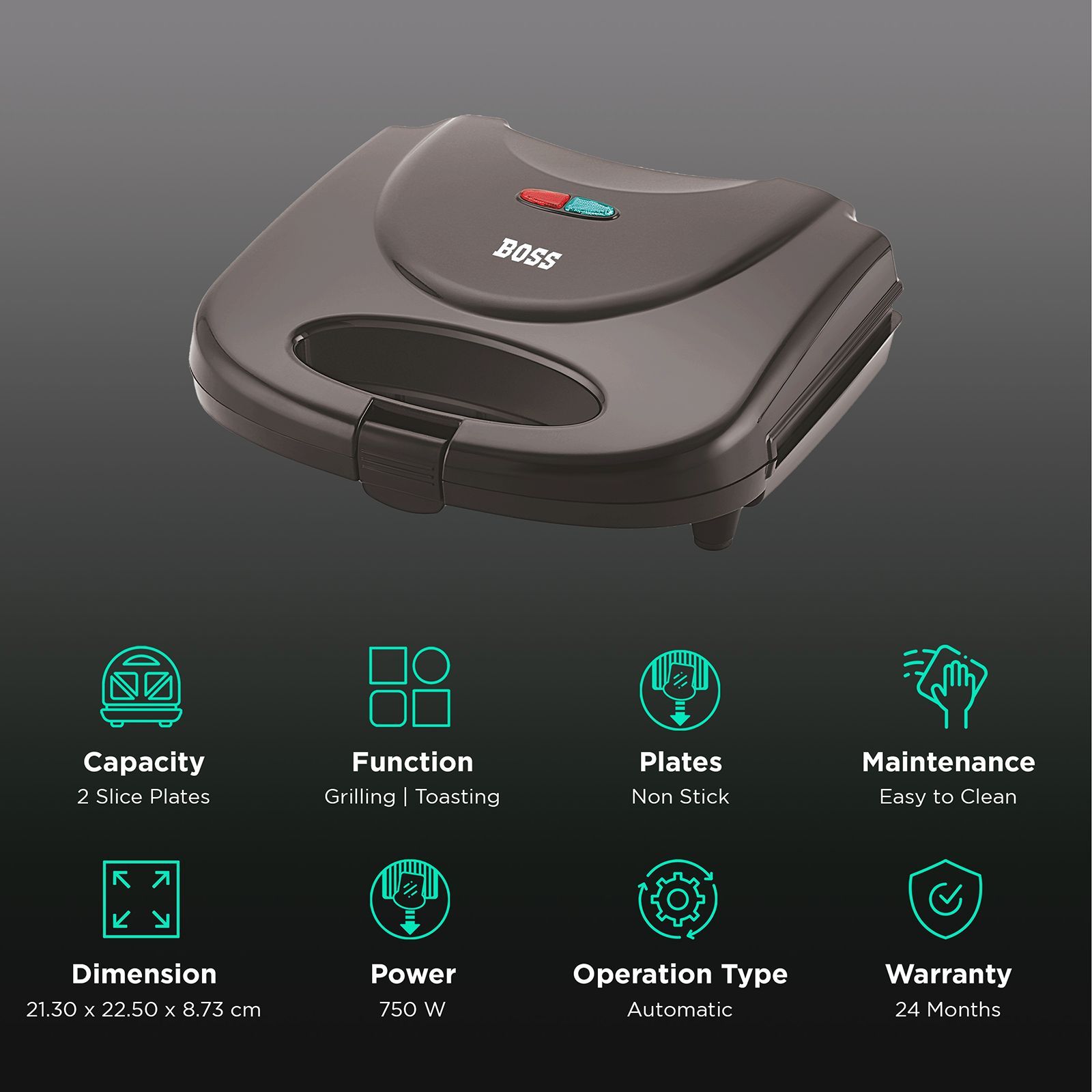 BOSS Panino 750 Watts 2 Slice Automatic Sandwich Maker (Non-stick Coated Cooking Plates, Black) BOSS Panino 750 Watts 2 Slice Automatic Sandwich Maker (Non-stick Coated Cooking Plates, Black)_3