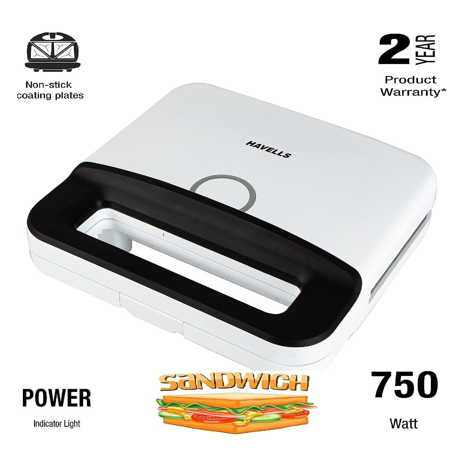HAVELLS Perfect Fill 750W 2 Slice Sandwich Maker with LED Indicator (White)_9