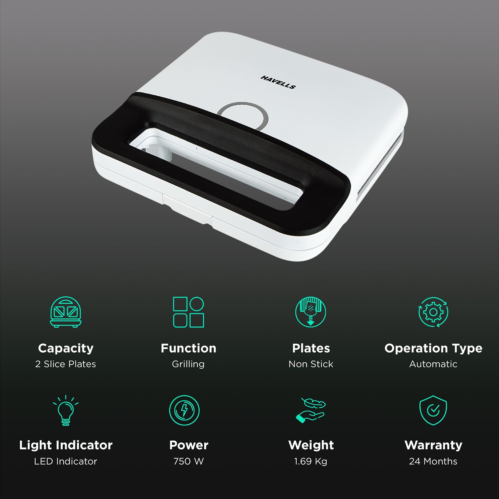 HAVELLS Perfect Fill 750W 2 Slice Sandwich Maker with LED Indicator (White)_3