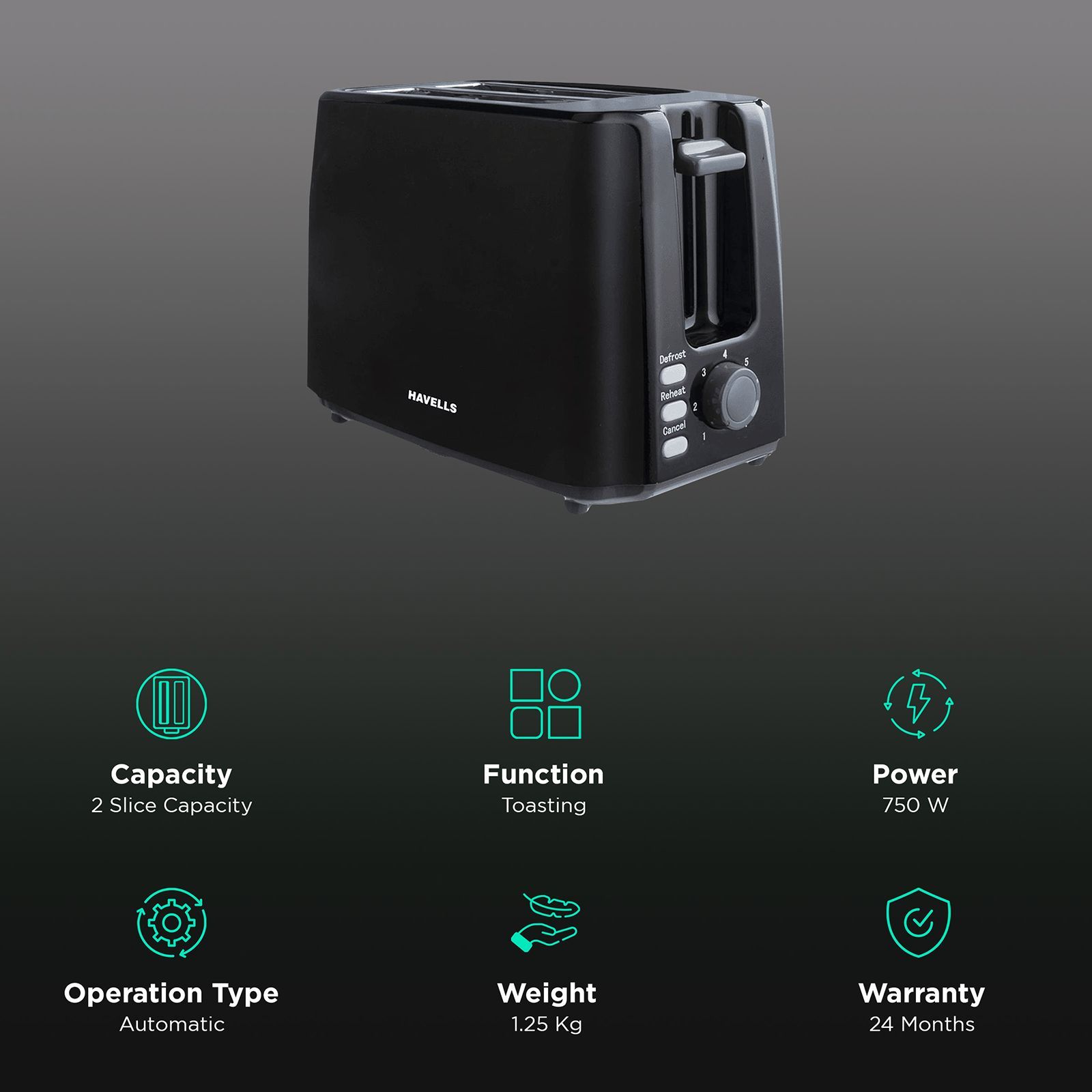 HAVELLS Crisp Plus 750 Watts 2 Slice Pop-up Toaster with Electronic Variable Browning(Black)_3