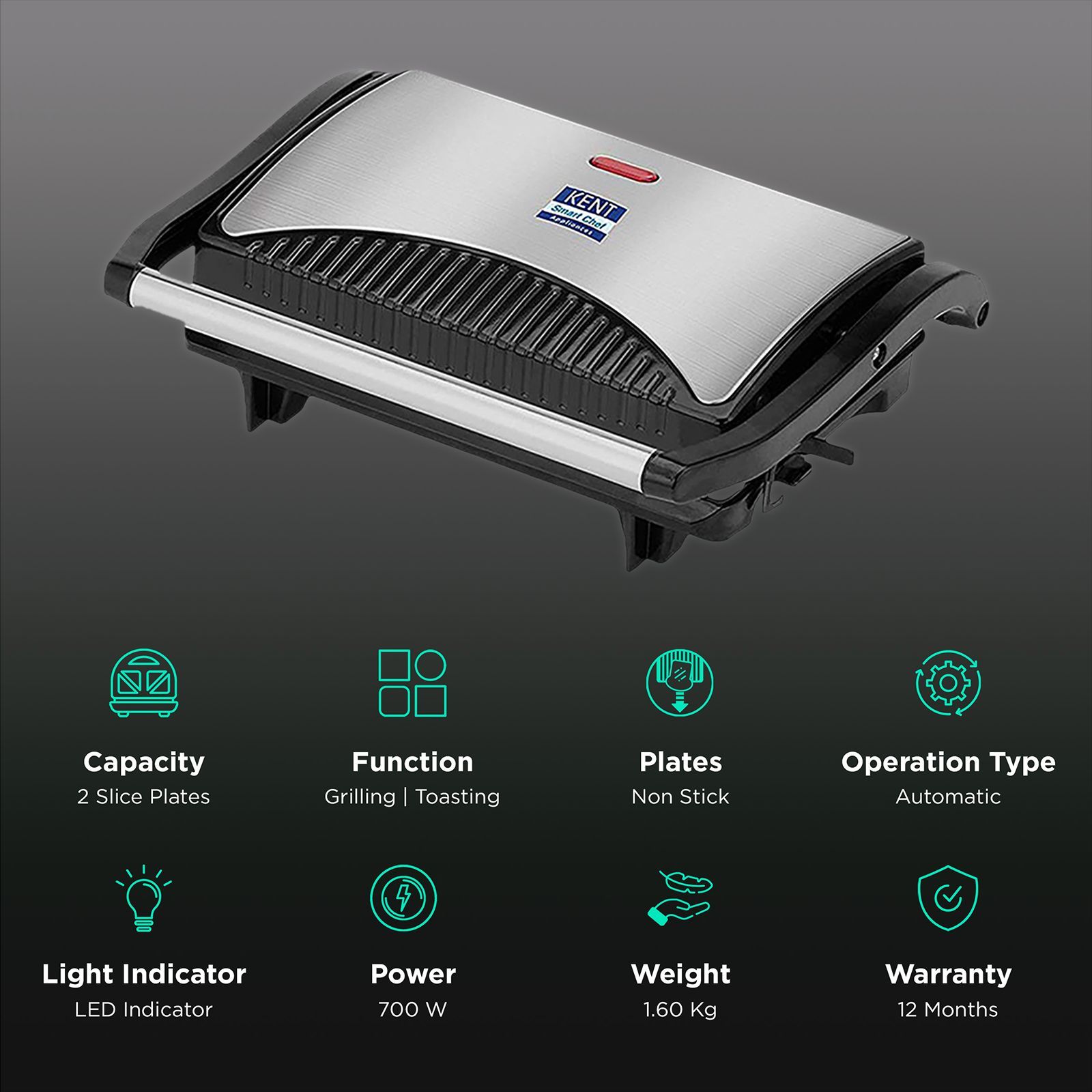 KENT 700W 2 Slice Sandwich Maker with Automatic Temperature Cut Off (Metallic Silver)_3