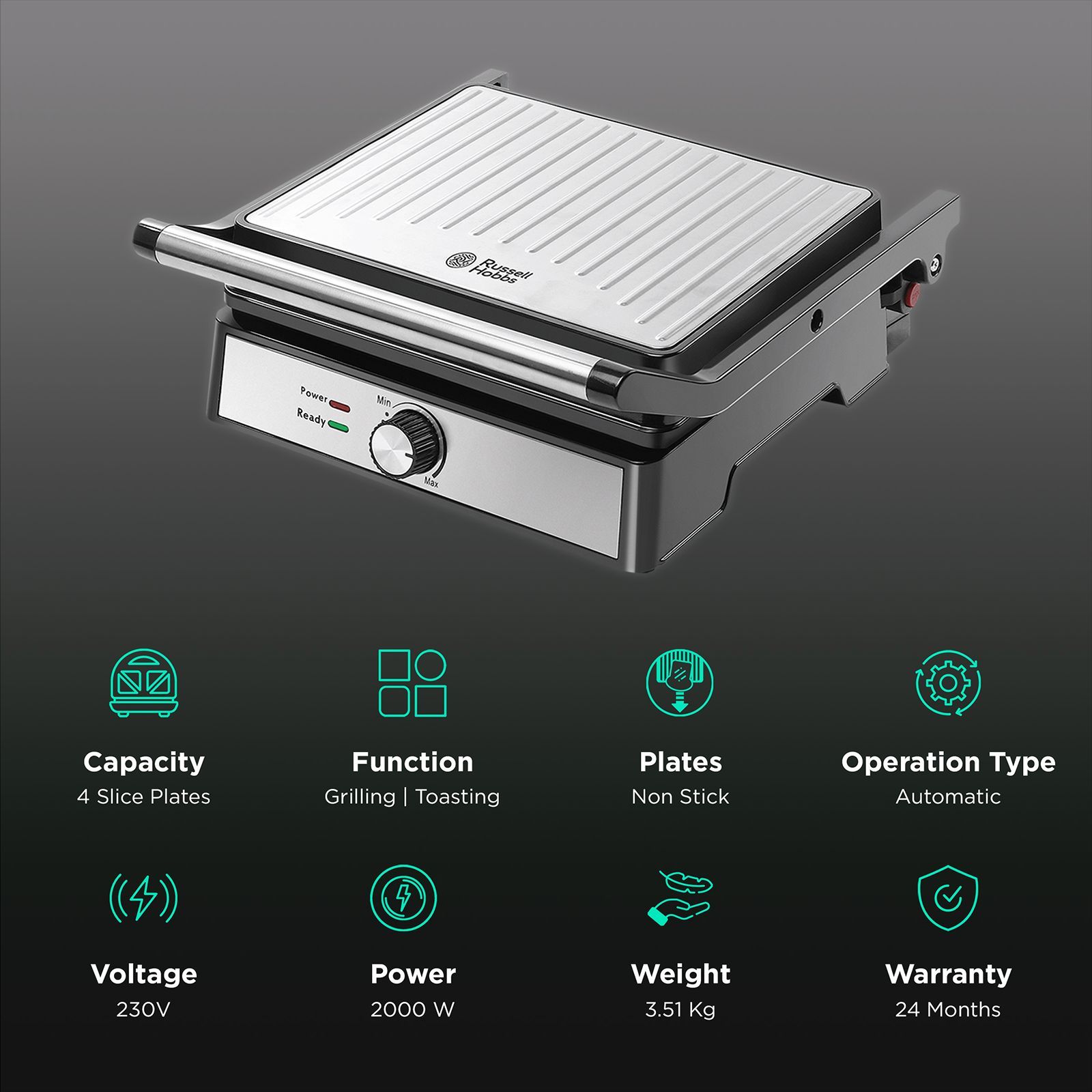 Russell Hobbs RST2000PRO4 2000W 4 Slice Sandwich Maker with Thermostat Control (Black)_3