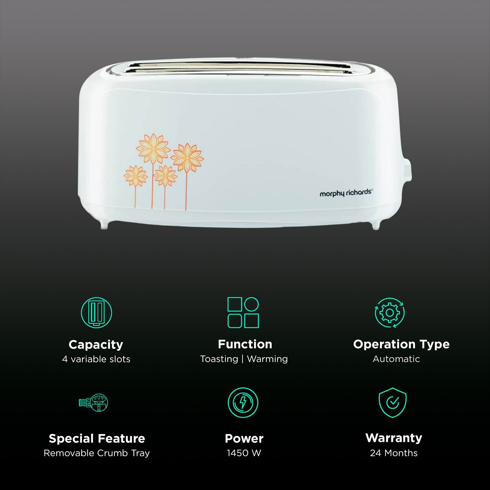 Morphy Richards AT 402 1450W 4 Slice Pop-Up Toaster with Removable Crumb Tray (White)_3