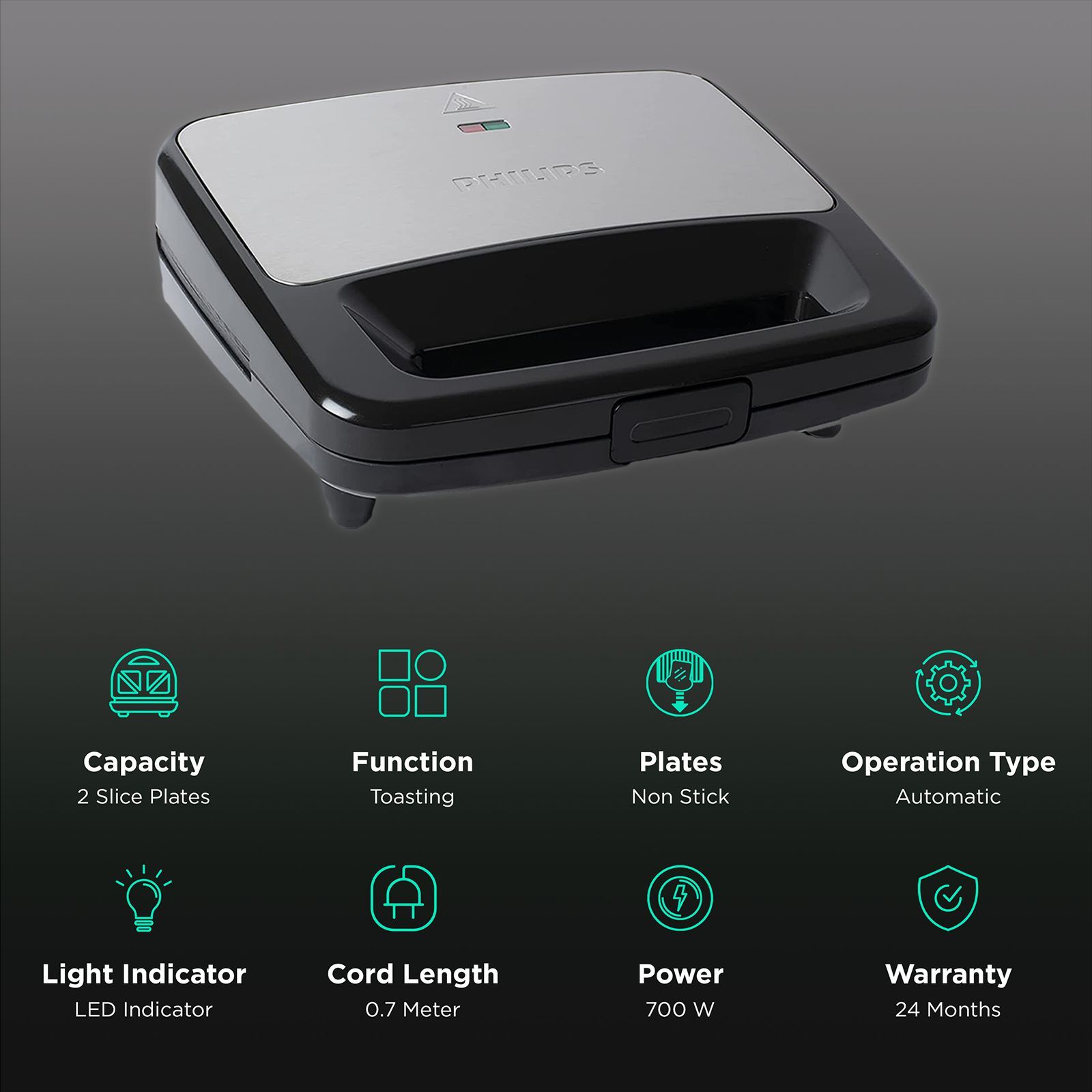 PHILIPS Viva Collection 700W 2 Slice Sandwich Maker with Secured Locking Mechanism (Black)_3