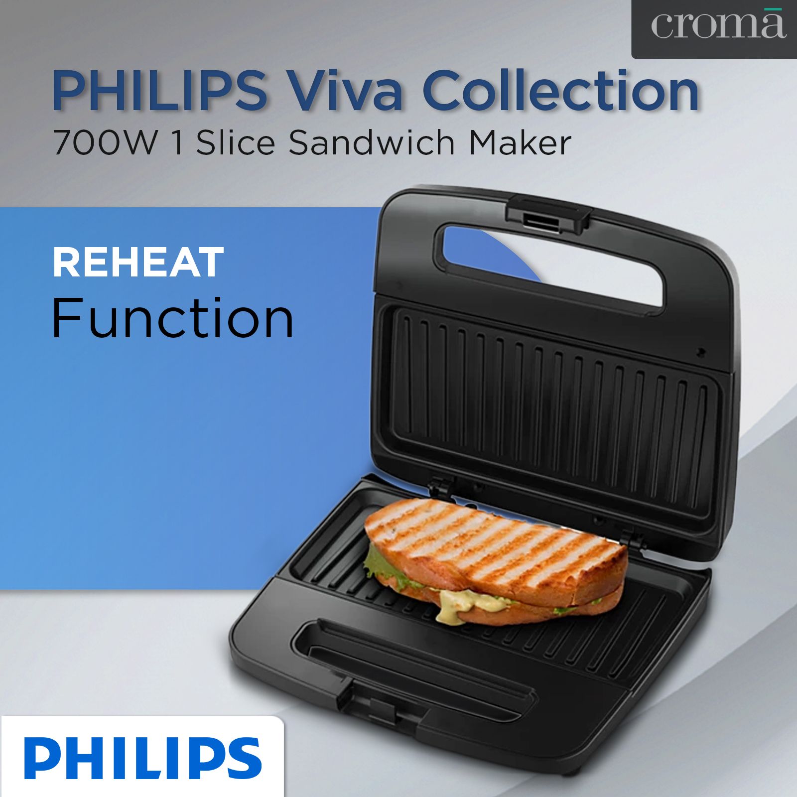 PHILIPS Viva Collection 700W 1 Slice Sandwich Maker with Secured Locking Mechanism (Black with Metallic Finish)_15