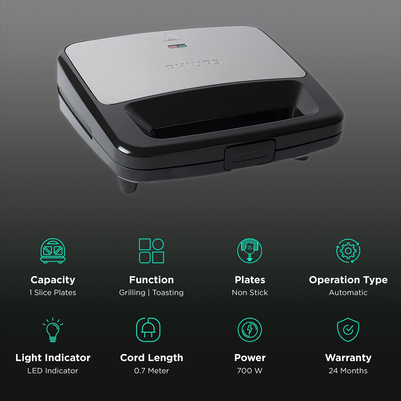 PHILIPS Viva Collection 700W 1 Slice Sandwich Maker with Secured Locking Mechanism (Black with Metallic Finish)_3