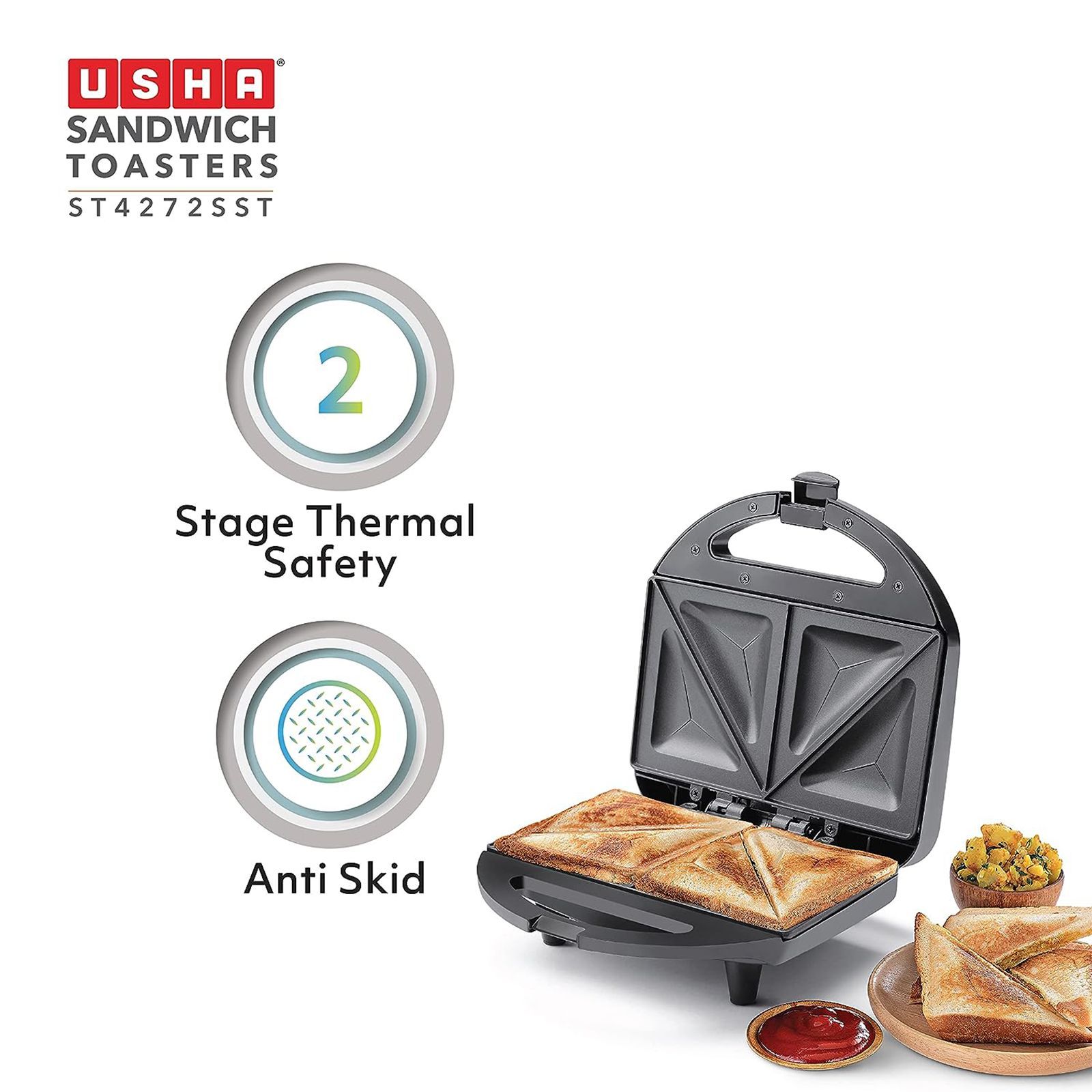 USHA ST 4272 SST 750W 2 Slice Sandwich Maker with Shockproof & Heat Resistant (Black) USHA ST 4272 SST 750W 2 Slice Sandwich Maker with Shockproof & Heat Resistant (Black)_4
