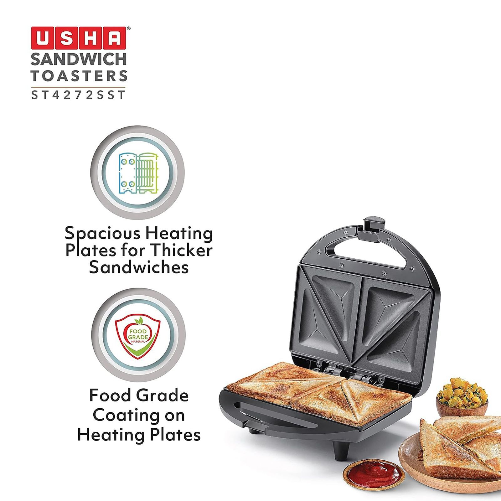 USHA ST 4272 SST 750W 2 Slice Sandwich Maker with Shockproof & Heat Resistant (Black) USHA ST 4272 SST 750W 2 Slice Sandwich Maker with Shockproof & Heat Resistant (Black)_8
