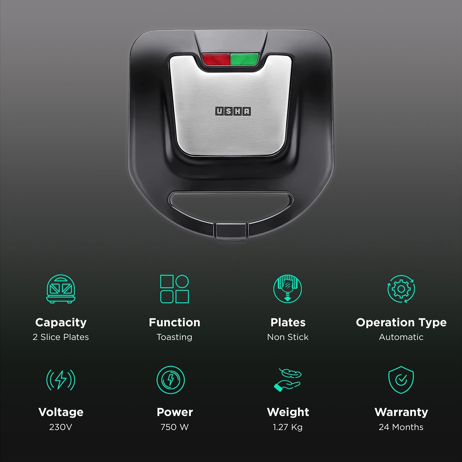 USHA ST 4272 SST 750W 2 Slice Sandwich Maker with Shockproof & Heat Resistant (Black) USHA ST 4272 SST 750W 2 Slice Sandwich Maker with Shockproof & Heat Resistant (Black)_3