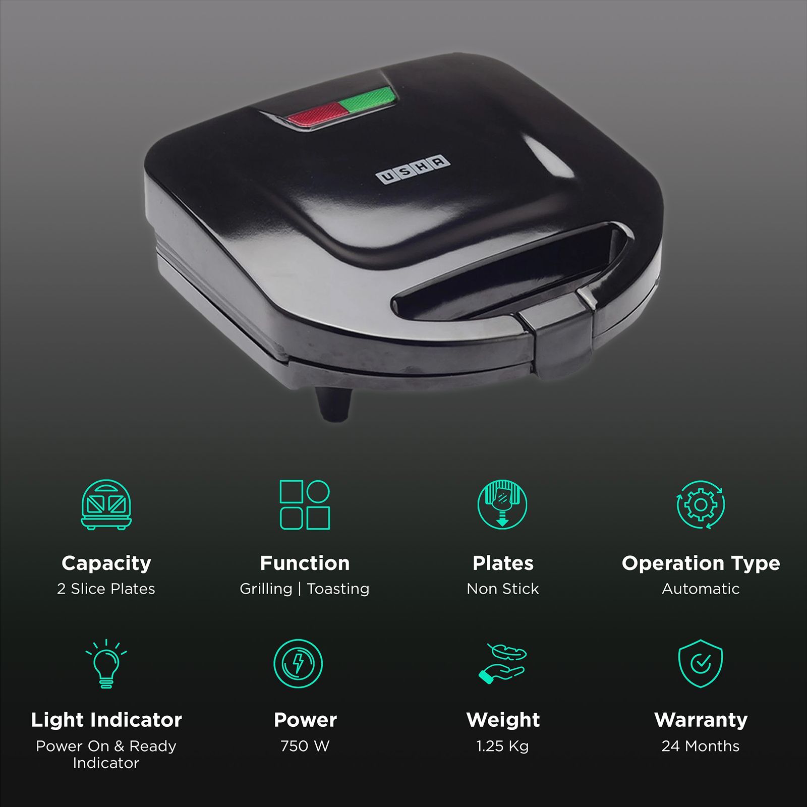 USHA ST 4272 SSG 750W 2 Slice Sandwich Maker with Shockproof (Black)_3