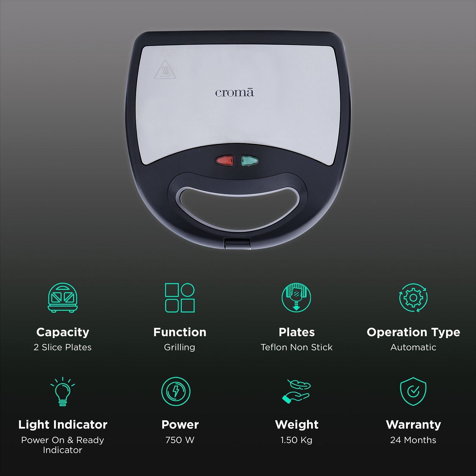 Croma 750W 2 Slice Sandwich Maker with Cool Touch Handle (Black)_3