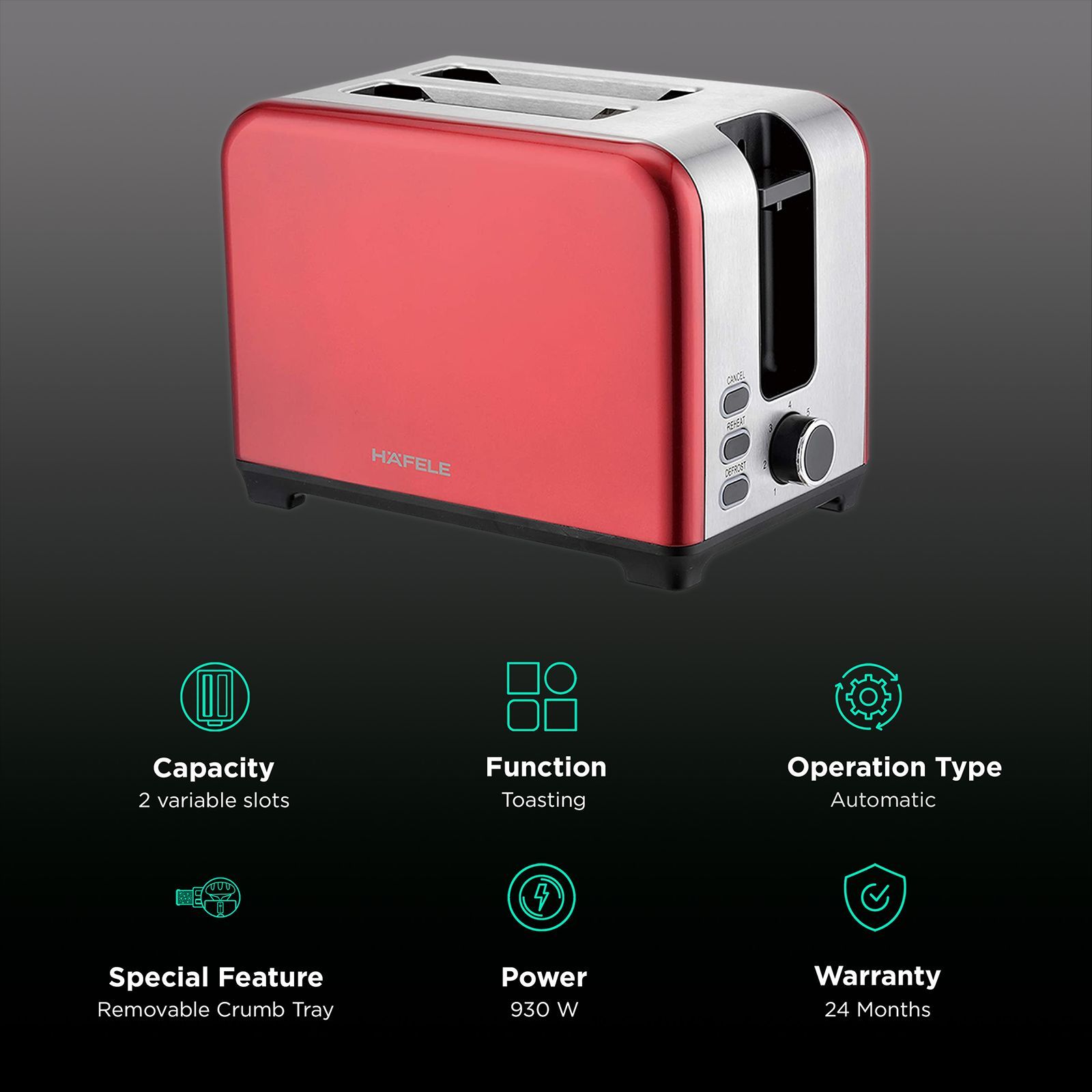 HAFELE Amber 930W 2 Slice Pop-Up Toaster with Removable Crumb Tray (Opal)_3