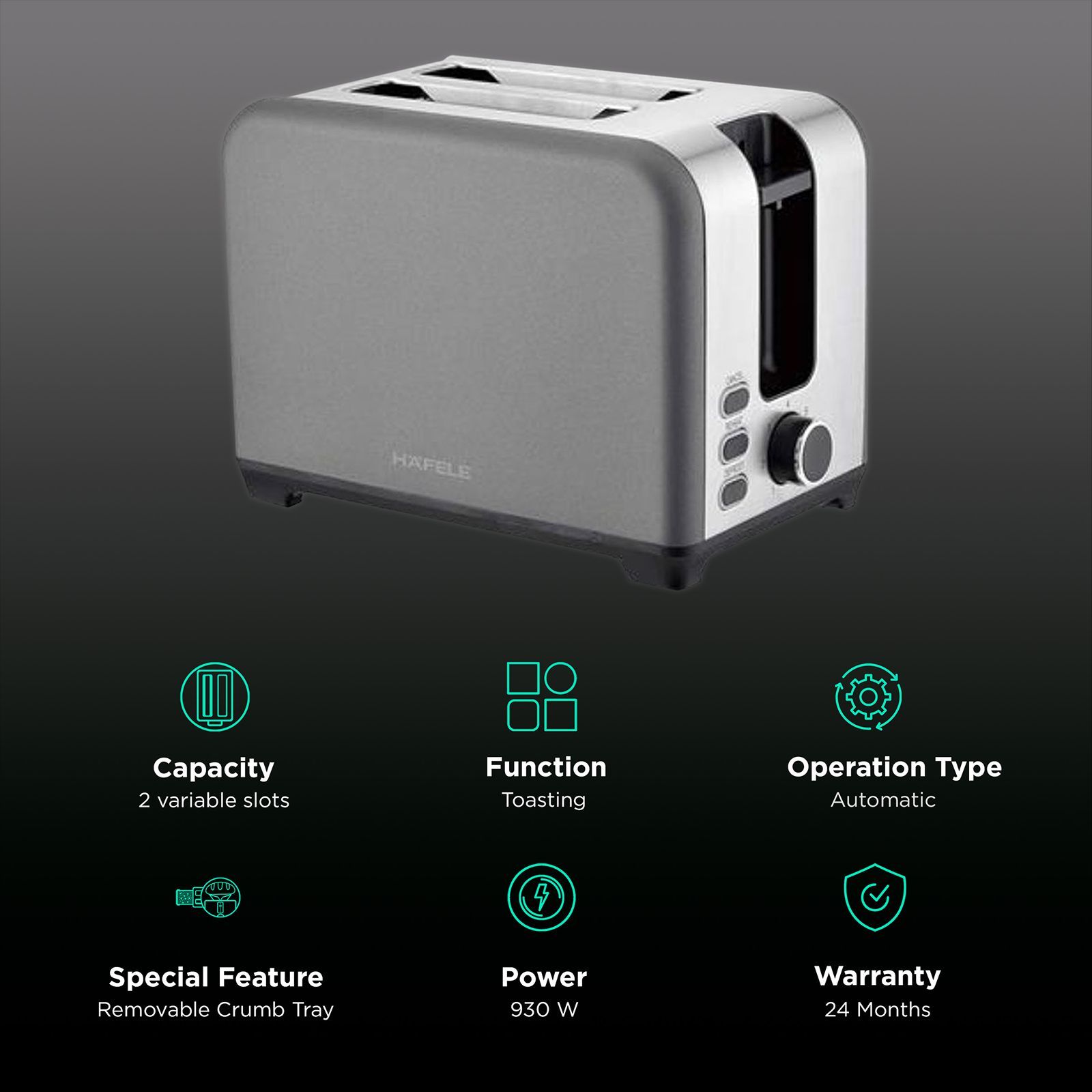 HAFELE Amber 930W 2 Slice Pop-Up Toaster with Removable Crumb Tray (Jade)_3