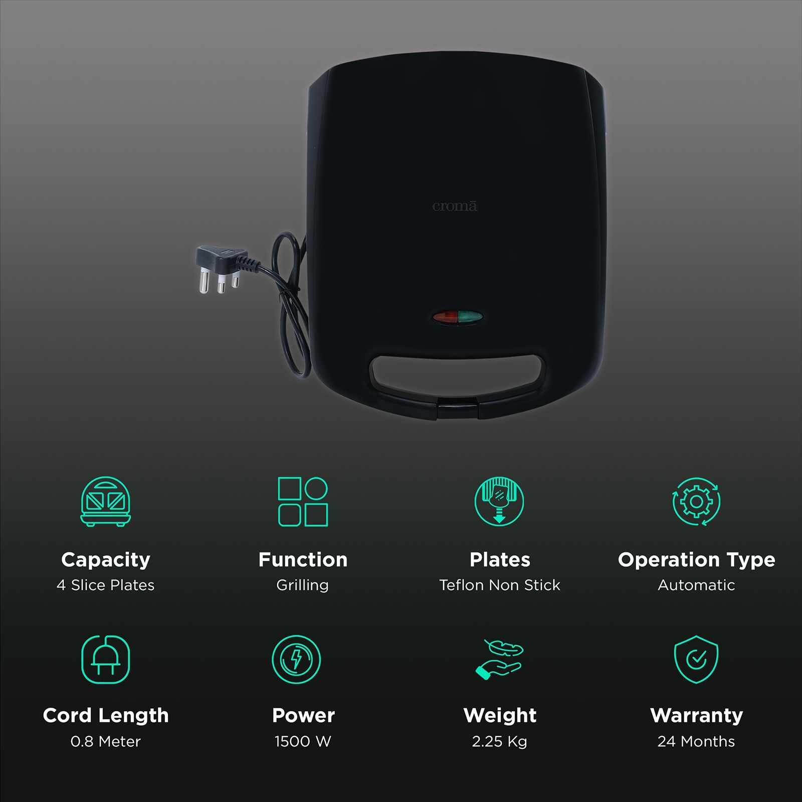 Croma 1500W 4 Slice Sandwich Maker with Auto Shut Off (Black) Croma 1500W 4 Slice Sandwich Maker with Auto Shut Off (Black)_3