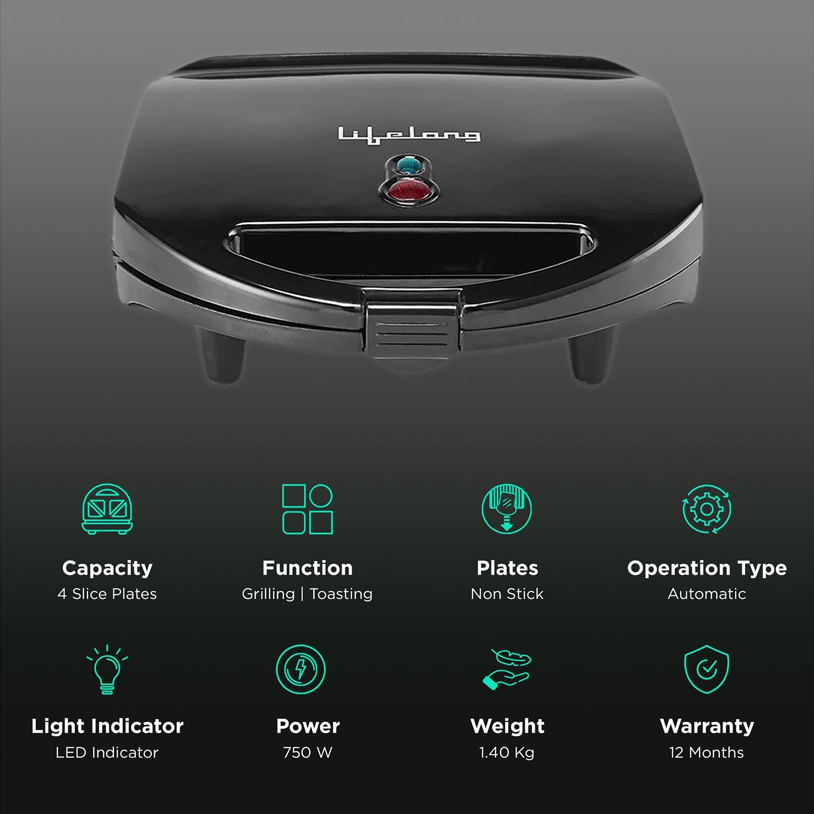 Lifelong LLSM120G 750W 4 Slice Sandwich Maker with Over Heat Protection (Black) Lifelong LLSM120G 750W 4 Slice Sandwich Maker with Over Heat Protection (Black)_3