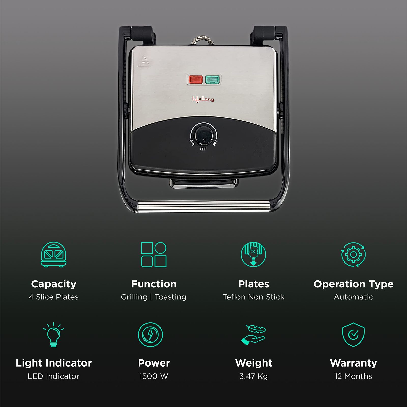 Lifelong LLTG01 1500W 4 Slice Sandwich Maker with Variable Heat Control (Silver)_3