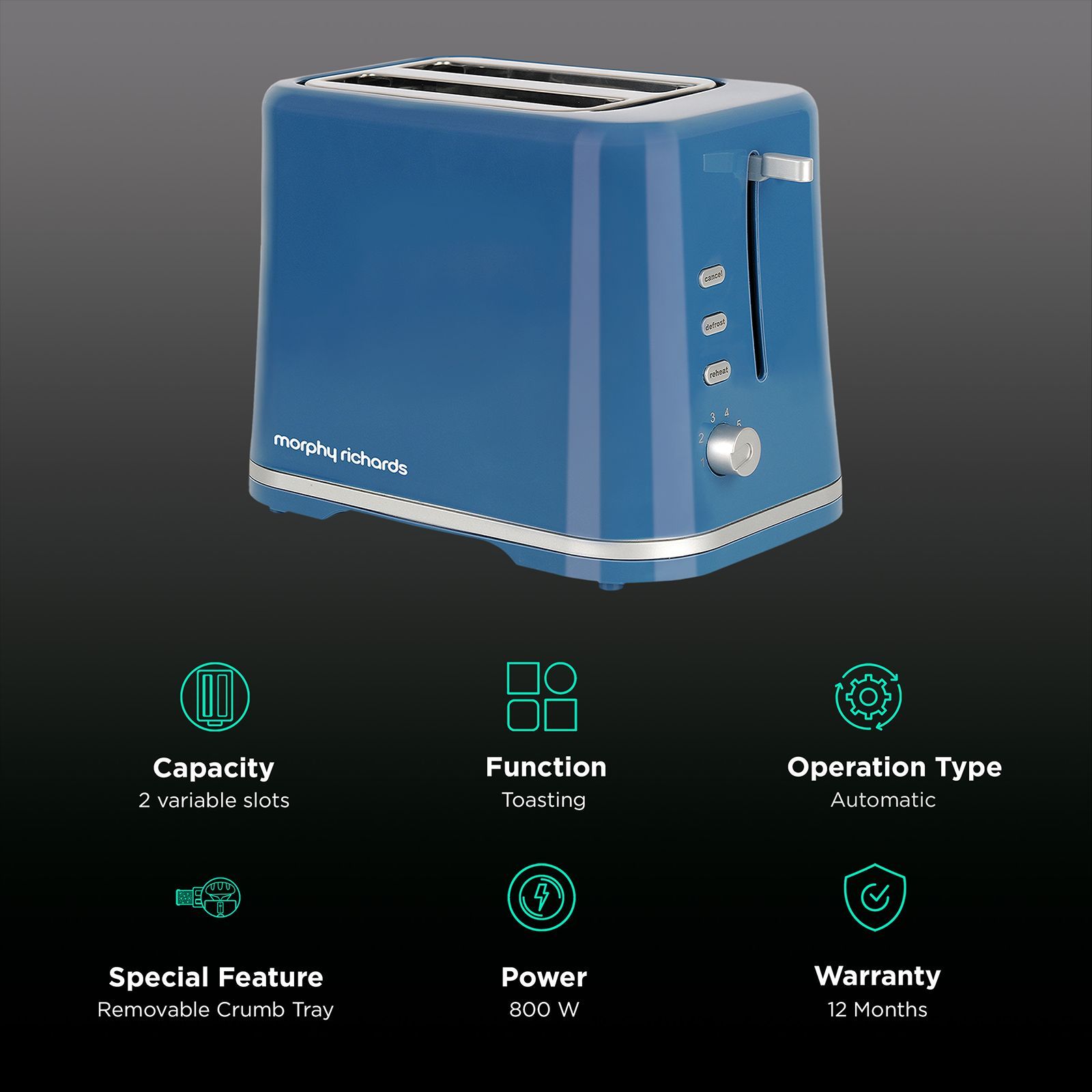 Morphy Richards AT 205 800W 2 Slice Pop-Up Toaster with Defrost Function (Blue)_3